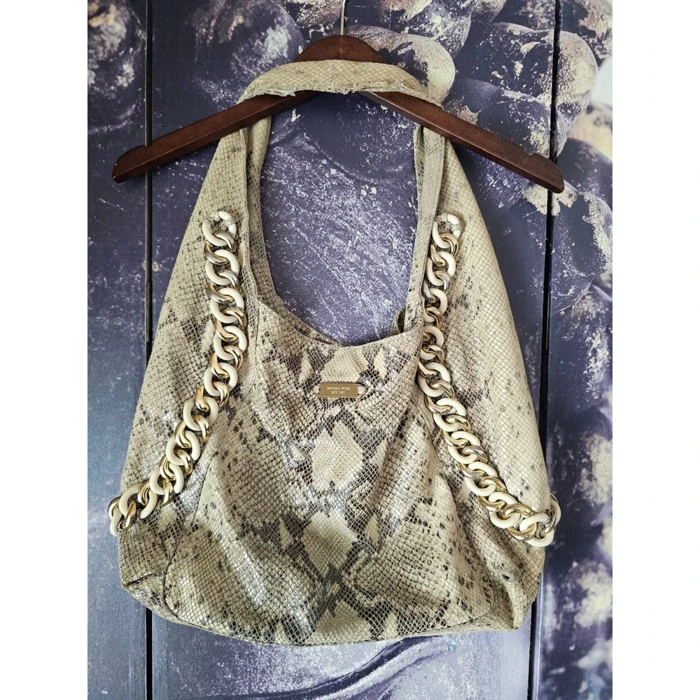 Michael Kors Snakeskin Embossed Leather Hobo Bag Gold Chain Link Beige Brown
